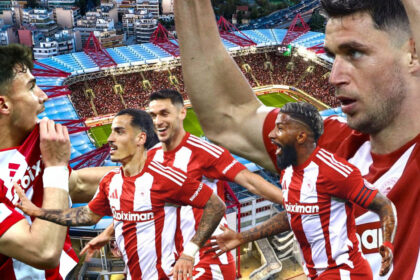 Οι παίκτες του Ολυμπιακού πανηγυρίζουν γκολ στο 4-2 με τον Παναθηναϊκό – πάρτι τίτλου στο Καραϊσκάκη