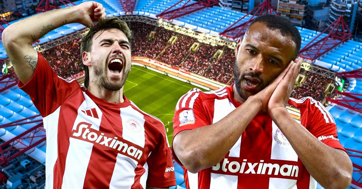 Οι παίκτες του Ολυμπιακού στην προθέρμανση πριν τον αγώνα με την ΑΕΚ, με φόντο την OPAP Arena