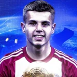 Ο Χρήστος Μουζακίτης του Ολυμπιακού ποζάρει με το τρόπαιο Golden Boy (Web) στην τελετή βράβευσης στην Ιταλία.