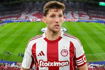 Ο Παναγιώτης Ρέτσος με την φανέλα του Ολυμπιακού σε ένα κολαζ με φόντο το Γ. Καραϊσκάκης