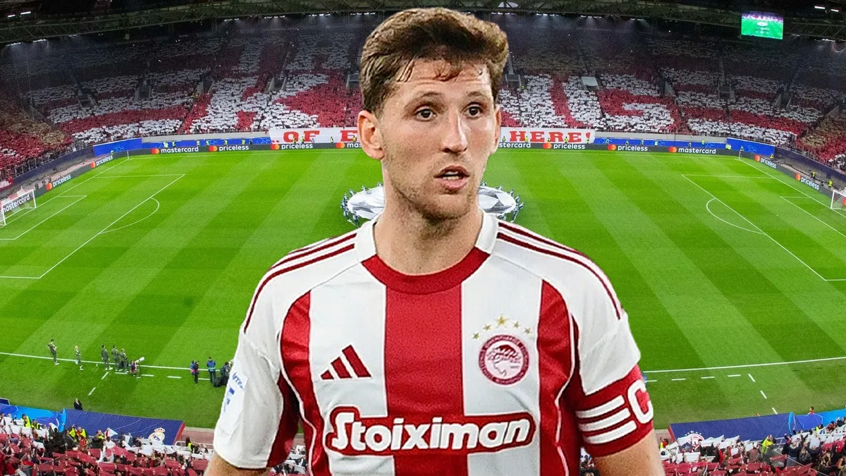 Ο Παναγιώτης Ρέτσος με την φανέλα του Ολυμπιακού σε ένα κολαζ με φόντο το Γ. Καραϊσκάκης