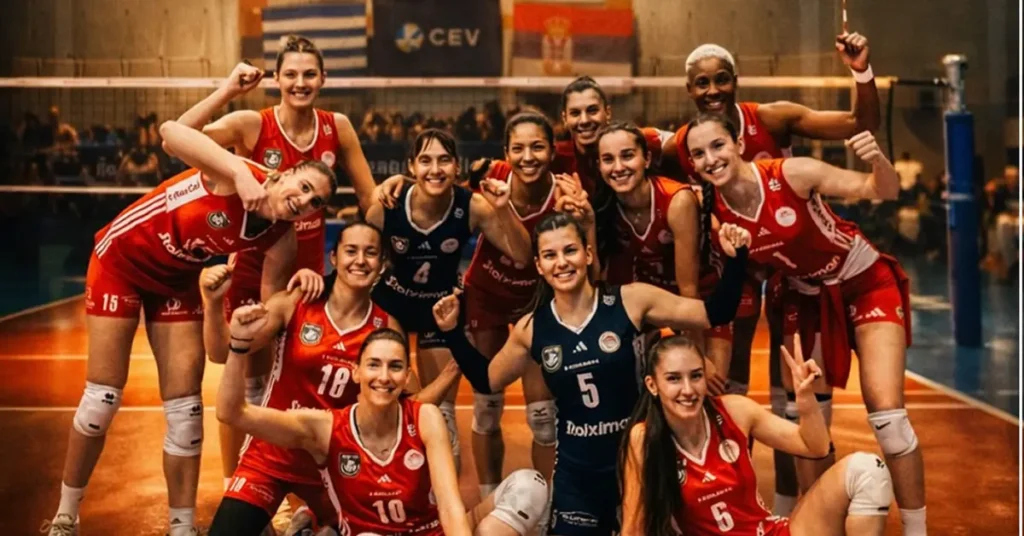 Παίκτριες του Ολυμπιακού πανηγυρίζουν σε αγώνα βόλεϊ γυναικών