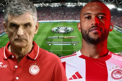 Ο Αγιούμπ Ελ Κααμπί και ο Χοσέ Λουίς Μεντιλίμπαρ με φόντο το γήπεδο του Ολυμπιακού