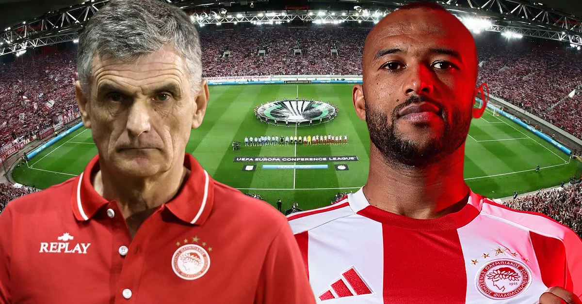 Ο Αγιούμπ Ελ Κααμπί και ο Χοσέ Λουίς Μεντιλίμπαρ με φόντο το γήπεδο του Ολυμπιακού