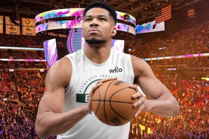 Ο Γιάννης Αντετοκούνμπο σε επεξεργασμένη εικόνα με φόντο το γήπεδο των Μαϊάμι Χιτ.