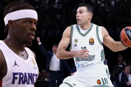 Ο Κώστας Σλούκας με τη μπάλα στα χέρια υπό την πίεση άμυνας