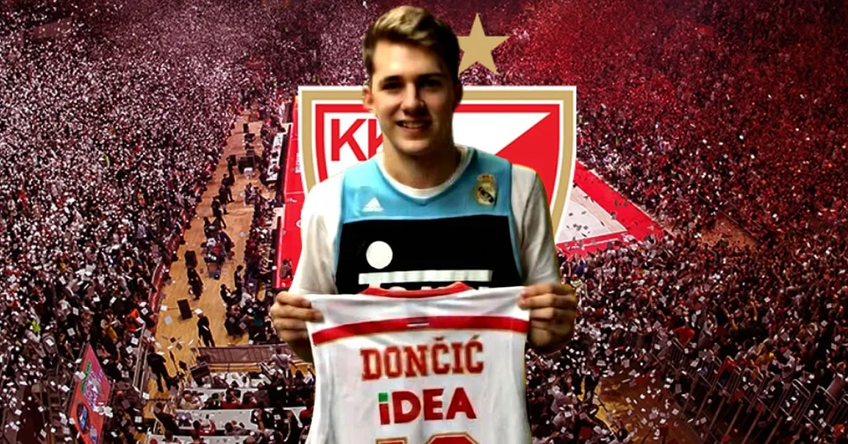 Ο Λούκα Ντόντσιτς με φανέλα προπόνησης, με φόντο το σήμα του Ερυθρού Αστέρα και το κοινό στο Βελιγράδι.