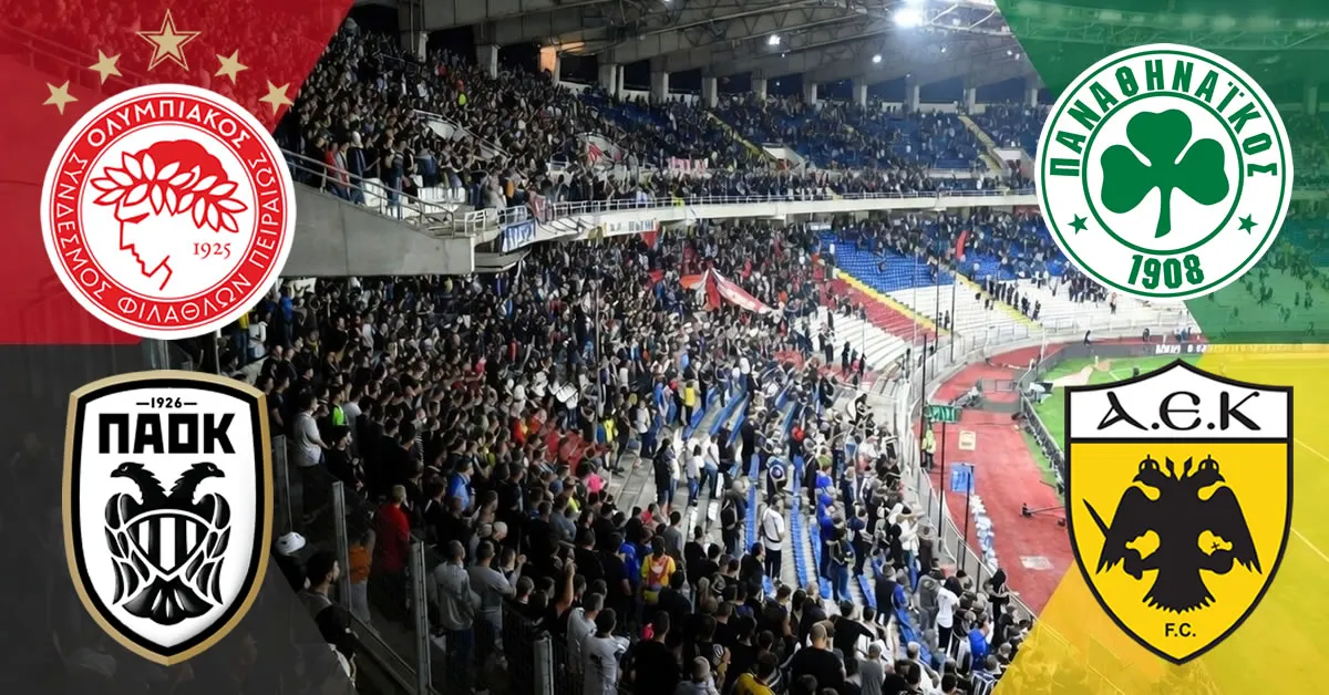 Super League με φόντο τα εμβλήματα του Ολυμπιακού, της ΑΕΚ και του ΠΑΟΚ.