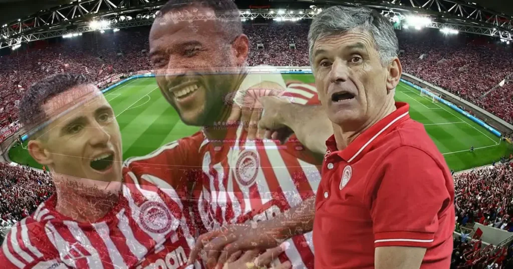 Ο Χοσέ Λουίς Μεντιλίμπαρ δίνει οδηγίες στο Καραϊσκάκη με φόντο τους Ποντένσε και Ελ Κααμπί για το ματς με τη Λεβερκούζεν.