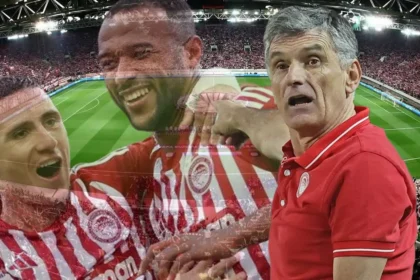 Ο Χοσέ Λουίς Μεντιλίμπαρ δίνει οδηγίες στο Καραϊσκάκη με φόντο τους Ποντένσε και Ελ Κααμπί για το ματς με τη Λεβερκούζεν.