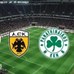 Γήπεδο Super League με φόντο τα σήματα του Ολυμπιακού, του ΠΑΟΚ και της ΑΕΚ