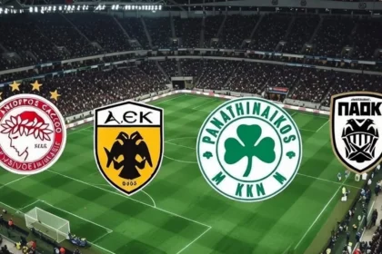 Γήπεδο Super League με φόντο τα σήματα του Ολυμπιακού, του ΠΑΟΚ και της ΑΕΚ