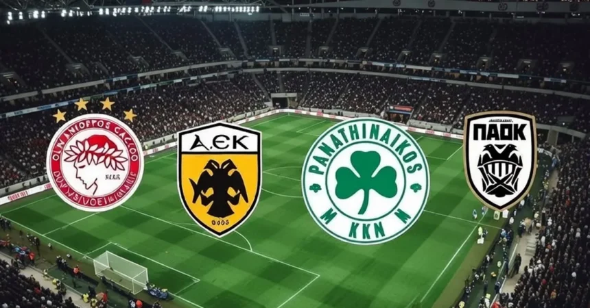 Γήπεδο Super League με φόντο τα σήματα του Ολυμπιακού, του ΠΑΟΚ και της ΑΕΚ