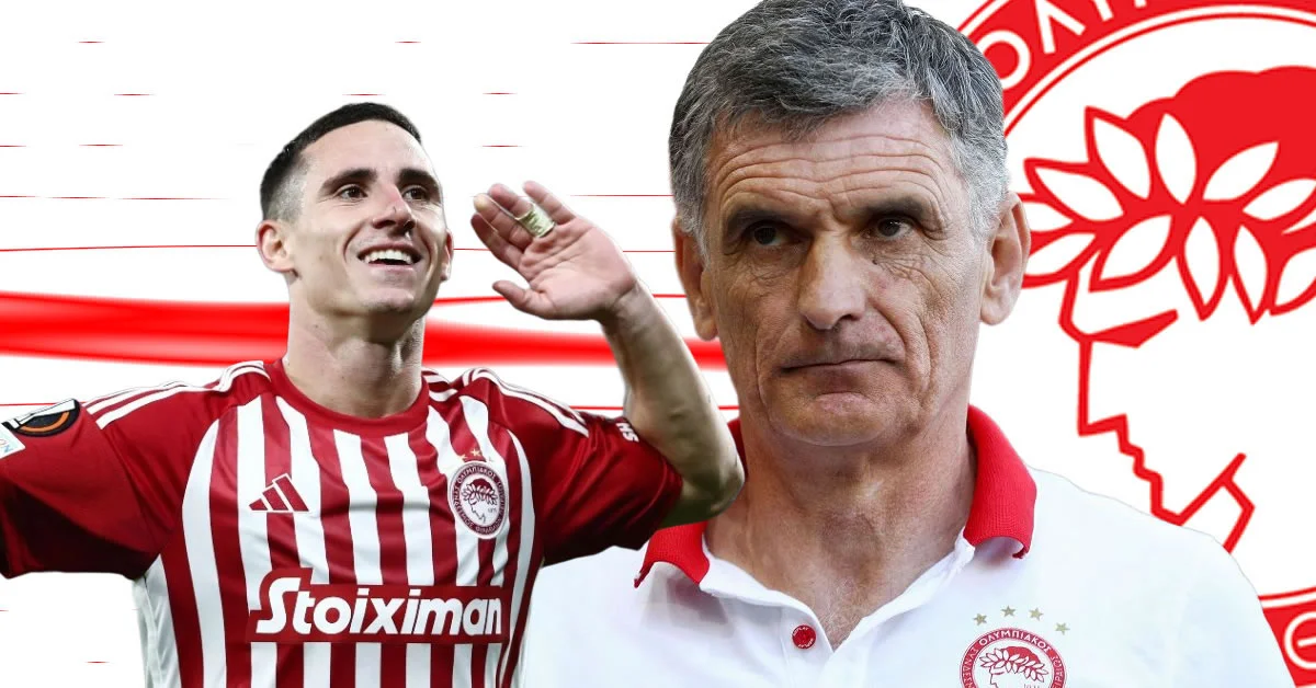 Ο Ντάνιελ Ποντένσε με τη φανέλα του Ολυμπιακού σε στιγμιότυπο αγώνα της Super League.