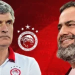 Ο Χοσέ Λουίς Μεντιλίμπαρ και ο πρόεδρος του Ολυμπιακού Βαγγέλης Μαρινάκης με φόντο το σήμα της ομάδας