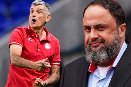 O προπονητής Χοσε Λουίς Μεντιλίμπαρ και ο Πρόεδρος του Ολυμπιακός ΣΦΠ Βαγγέλης Μαρινάκης