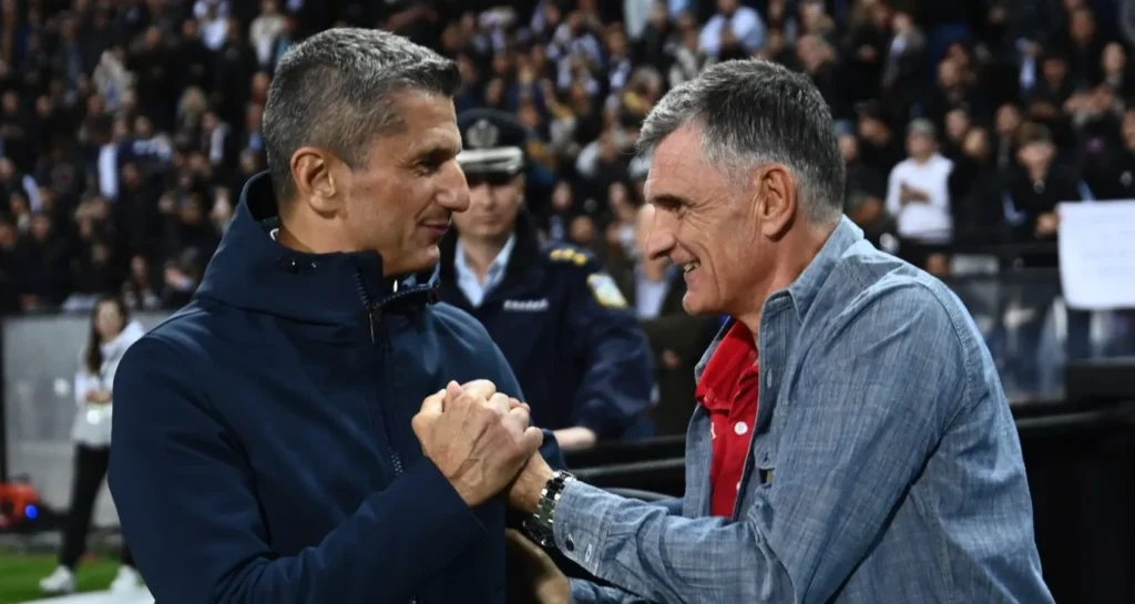 Χοσέ Λουίς Μεντιλίμπαρ και Ραζβάν Λουτσέσκου πριν απο ντέρμπι Ολυμπιακού - ΠΑΟΚ
