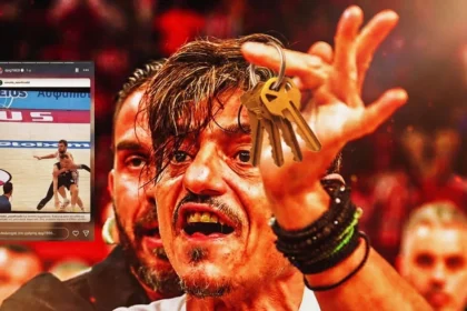 Κολάζ φωτογραφιών που δείχνει τον Δημήτρη Γιαννακόπουλο και τον Σάσα Βεζένκοβ, με φόντο το Στάδιο Ειρήνης και Φιλίας κατά τη διάρκεια αγώνα μπάσκετ.