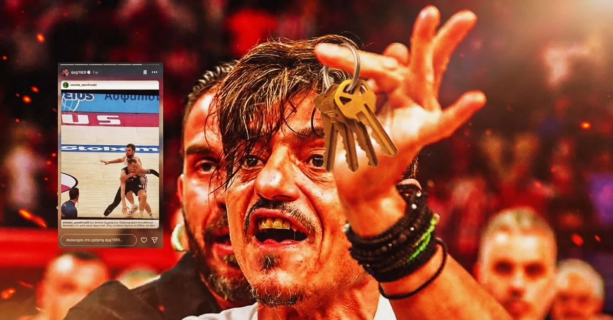 Κολάζ φωτογραφιών που δείχνει τον Δημήτρη Γιαννακόπουλο και τον Σάσα Βεζένκοβ, με φόντο το Στάδιο Ειρήνης και Φιλίας κατά τη διάρκεια αγώνα μπάσκετ.