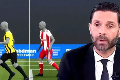 Ο πρώην διαιτητής Ηλίας Σπάθας αναλύει το επίμαχο ακυρωθέν γκολ του Ολυμπιακού σε αθλητική τηλεοπτική εκπομπή.