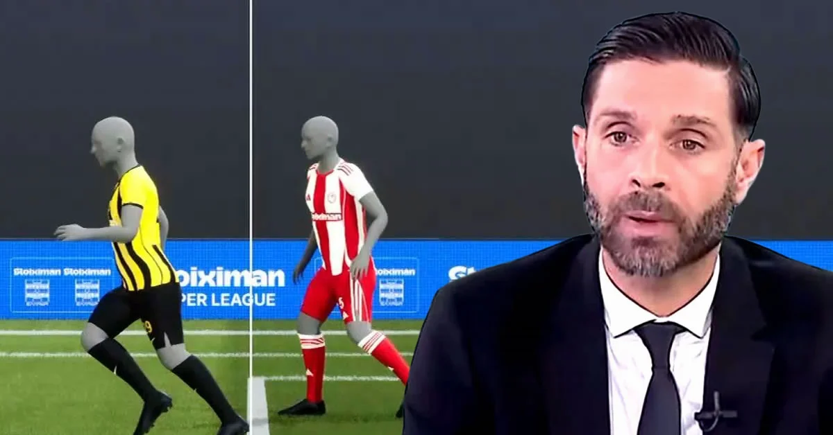 Ο πρώην διαιτητής Ηλίας Σπάθας αναλύει το επίμαχο ακυρωθέν γκολ του Ολυμπιακού σε αθλητική τηλεοπτική εκπομπή.