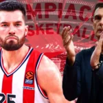 O Αλεκ Πιτερας και ο Γιώργος Μπαρτζώκας σε φάση αγώνα της Euroleague, αποτελώντας τον βασικό μεταγραφικό στόχο του Ολυμπιακού.