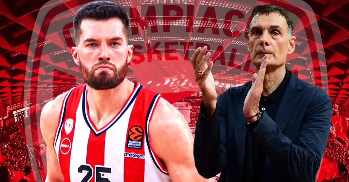 O Αλεκ Πιτερας και ο Γιώργος Μπαρτζώκας σε φάση αγώνα της Euroleague, αποτελώντας τον βασικό μεταγραφικό στόχο του Ολυμπιακού.