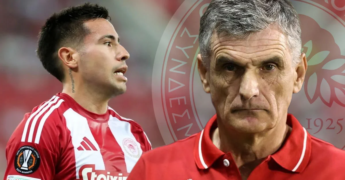 Ο προπονητής του Ολυμπιακού Χοσέ Λουίς Μεντιλίμπαρ παρακολουθεί τον Ορτέγκα