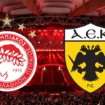 Γραφικό για την τηλεοπτική μετάδοση του ντέρμπι Ολυμπιακός - ΑΕΚ για τη Super League στο Στάδιο Καραϊσκάκη