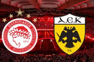Γραφικό για την τηλεοπτική μετάδοση του ντέρμπι Ολυμπιακός - ΑΕΚ για τη Super League στο Στάδιο Καραϊσκάκη