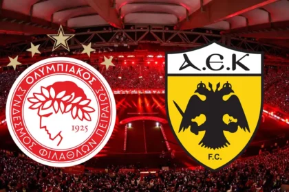 Γραφικό για την τηλεοπτική μετάδοση του ντέρμπι Ολυμπιακός - ΑΕΚ για τη Super League στο Στάδιο Καραϊσκάκη