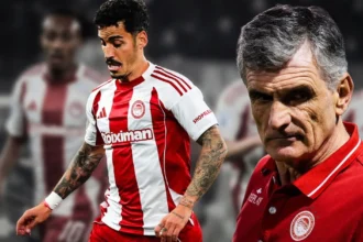 Ο Χοσέ Λουίς Μεντιλίμπαρ δίνει έντονες τακτικές οδηγίες στον Τσικίνιο κατά τη διάρκεια προπόνησης του Ολυμπιακού στο Ρέντη.