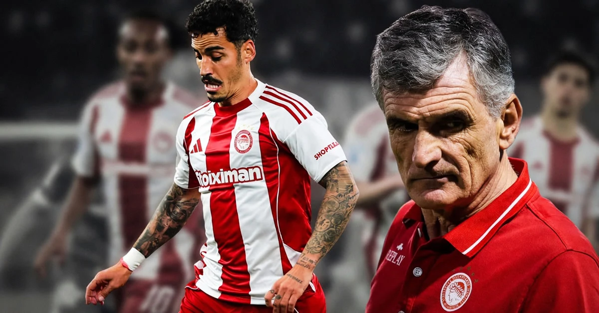 Ο Χοσέ Λουίς Μεντιλίμπαρ δίνει έντονες τακτικές οδηγίες στον Τσικίνιο κατά τη διάρκεια προπόνησης του Ολυμπιακού στο Ρέντη.