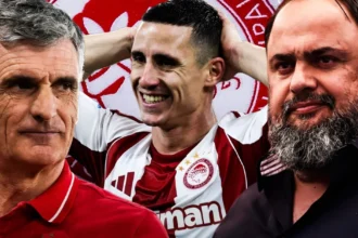 Ο Χοσέ Λουίς Μεντιλίμπαρ με έντονο ύφος δίνει οδηγίες στους παίκτες του Ολυμπιακού, λίγο πριν το μεγάλο ντέρμπι με τον Παναθηναϊκό.