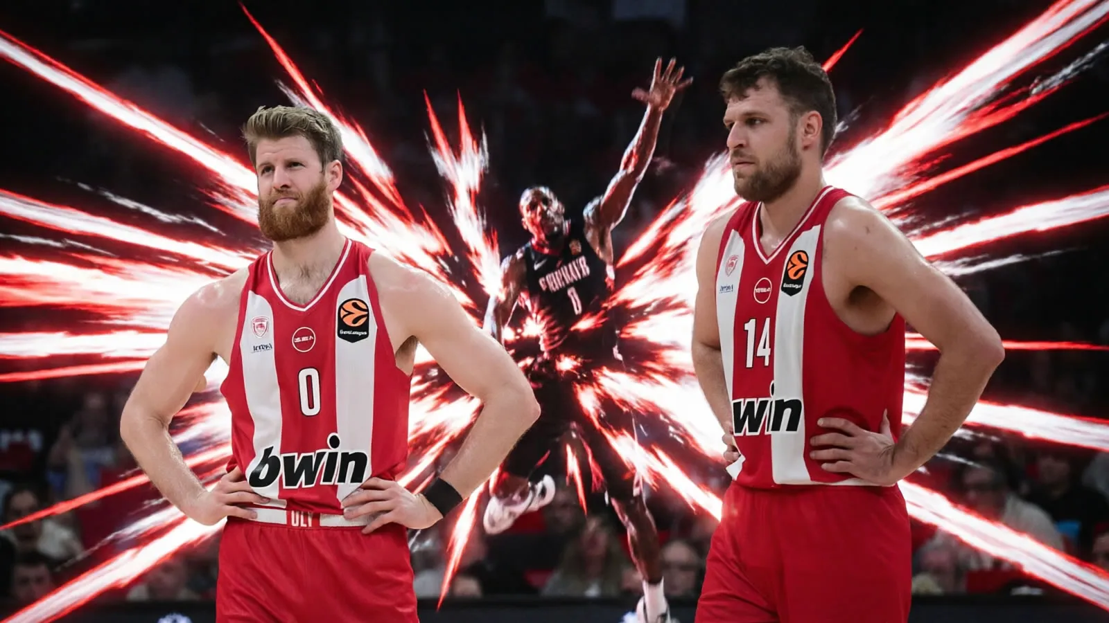 Το κατάμεστο ΣΕΦ και οι παίκτες του Ολυμπιακού πανηγυρίζουν κατά τη διάρκεια αγώνα για τα playoffs της Euroleague κόντρα στη Μονακό.