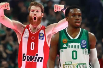 Ο Τόμας Γούοκαπ του Ολυμπιακού πανηγυρίζει μια ακόμα μεγάλη νίκη στη φετινή Euroleague ενόψει του Final Four απέναντι στον Παναθηναϊκό