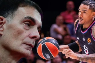 Ο Αμερικανός γκαρντ Ρόντεν σε αγωνιστική δράση με τη φανέλα της Παρί υπο το βλέμμα του Γιώργου Μπαρτζώκα