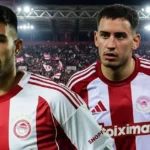 Ο Σαντιάγκο Έσε και ο Αλέξης Καλογερόπουλος σε αγωνιστική δράση με τη φανέλα του Ολυμπιακού εν μέσω έντονων μεταγραφικών σεναρίων.