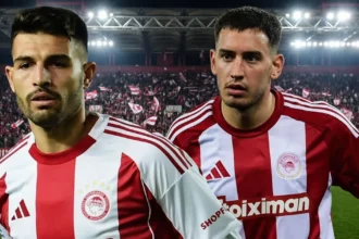 Ο Σαντιάγκο Έσε και ο Αλέξης Καλογερόπουλος σε αγωνιστική δράση με τη φανέλα του Ολυμπιακού εν μέσω έντονων μεταγραφικών σεναρίων.