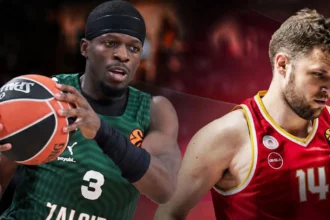 Ο Σιλβέν Φρανσίσκο της Ζαλγκίρις πανηγυρίζει στη Euroleague, με τον Σάσα Βεζένκοφ του Ολυμπιακού να διακρίνεται στο φόντο, στη «μάχη» για τον τίτλο του MVP.