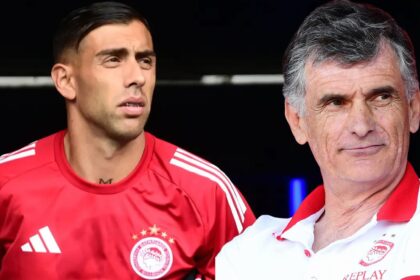 Ο επιθετικός του Ολυμπιακού Χεφτέ Μπετανκόρ και ο Χοσέ Λουίς Μεντιλίμπαρ