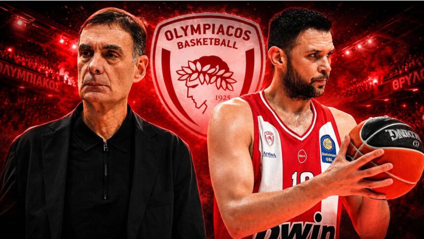 Ο Γιώργος Μπαρτζώκας δίνει οδηγίες στον πάγκο του Ολυμπιακού σε αγώνα Euroleague