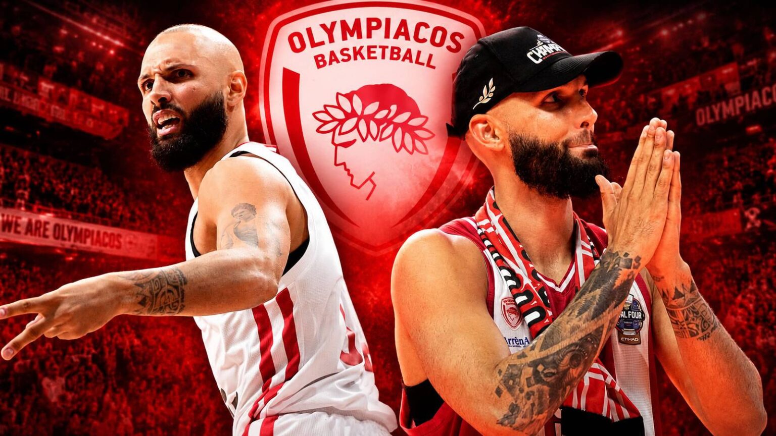 Ο Εβάν Φουρνιέ με τη φανέλα Νο94 του Ολυμπιακού πανηγυρίζει στο ΣΕΦ