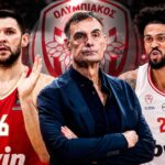 Ο Κώστας Παπανικολάου συζητά με τον Γιώργο Μπαρτζώκα κατά τη διάρκεια προπόνησης του Ολυμπιακού.